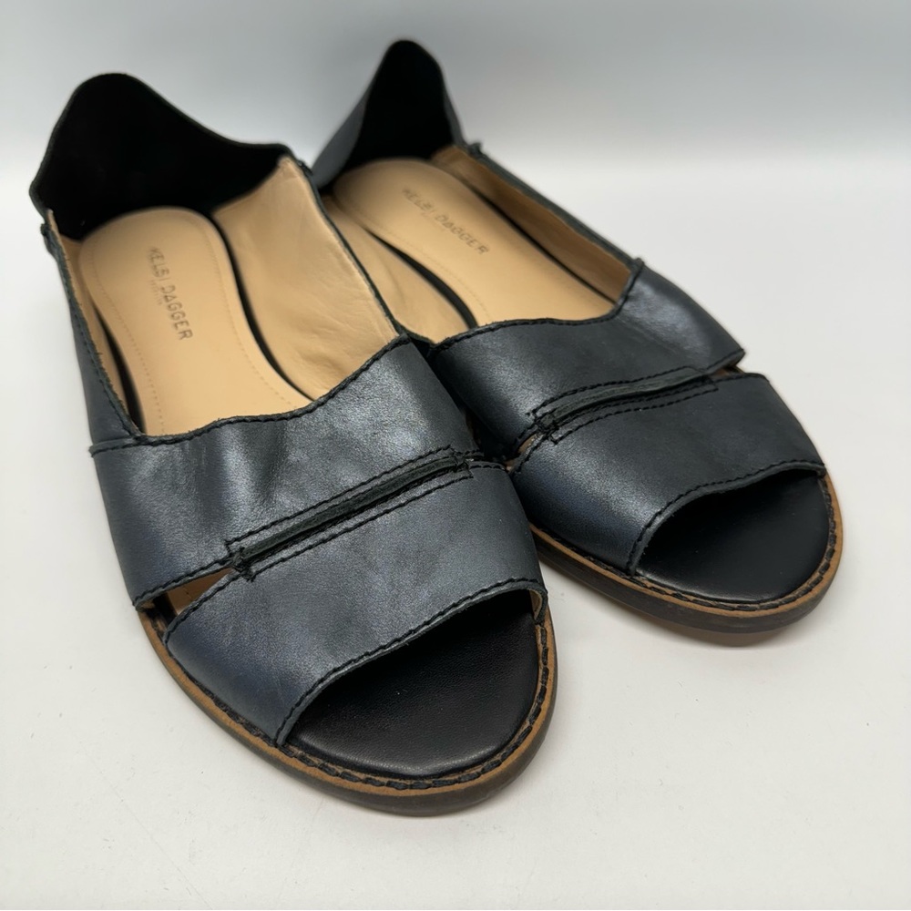 Kelsi Dagger Brooklyn Samantha Black Leather Open Toe Slip On Flats Sz 8.5